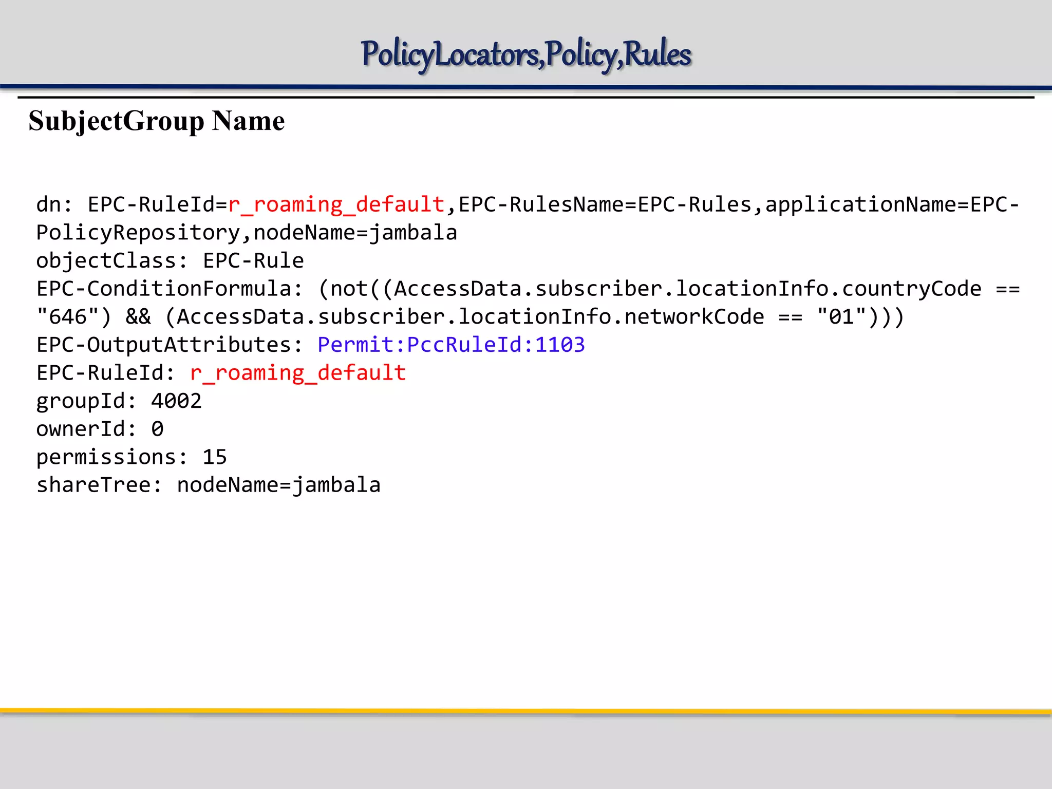 PolicyLocators,Policy,Rules
SubjectGroup Name
dn: EPC-RuleId=r_roaming_default,EPC-RulesName=EPC-Rules,applicationName=EPC-
PolicyRepository,nodeName=jambala
objectClass: EPC-Rule
EPC-ConditionFormula: (not((AccessData.subscriber.locationInfo.countryCode ==
"646") && (AccessData.subscriber.locationInfo.networkCode == "01")))
EPC-OutputAttributes: Permit:PccRuleId:1103
EPC-RuleId: r_roaming_default
groupId: 4002
ownerId: 0
permissions: 15
shareTree: nodeName=jambala
 