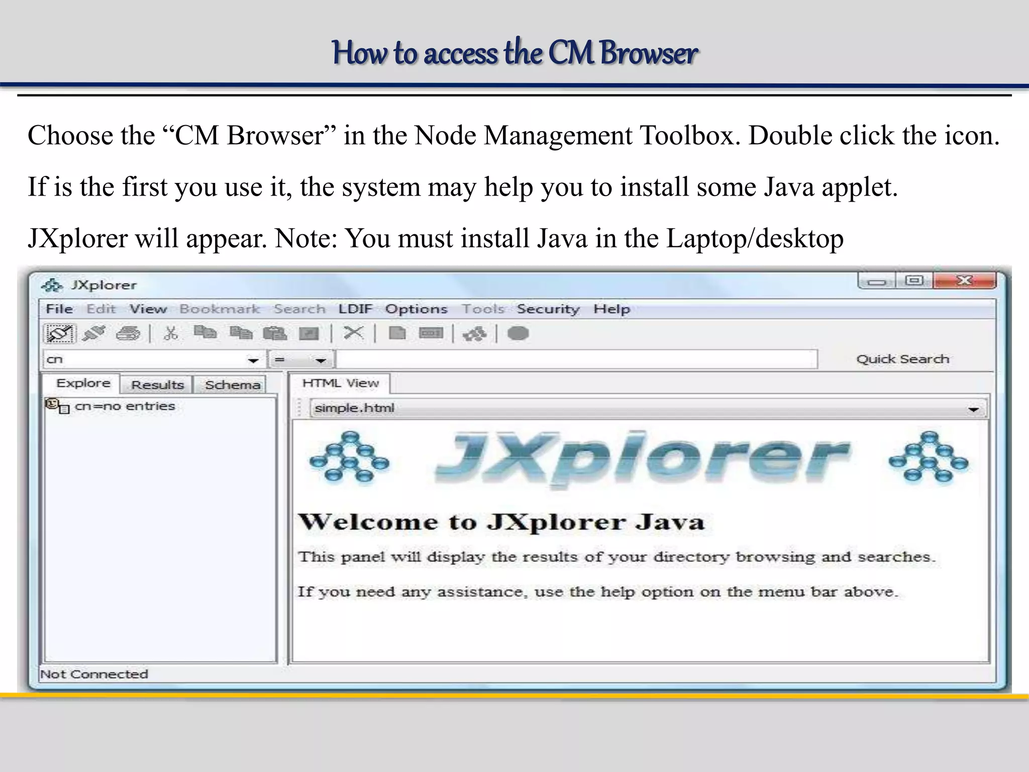 How to accessthe CMBrowser
Choose the “CM Browser” in the Node Management Toolbox. Double click the icon.
If is the first you use it, the system may help you to install some Java applet.
JXplorer will appear. Note: You must install Java in the Laptop/desktop
 