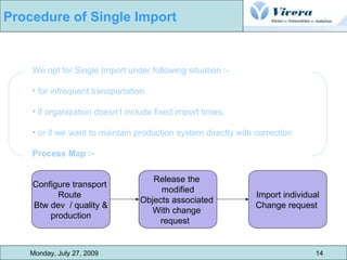 We opt for Single Import under following situation :- for infrequent transportation if organization doesn’t include fixed import times.  or if we want to maintain production system directly with correction Process Map :- Configure transport  Route  Btw dev  / quality & production Release the  modified Objects associated  With change  request Import individual Change request  Monday, July 27, 2009 14 Procedure of Single Import 