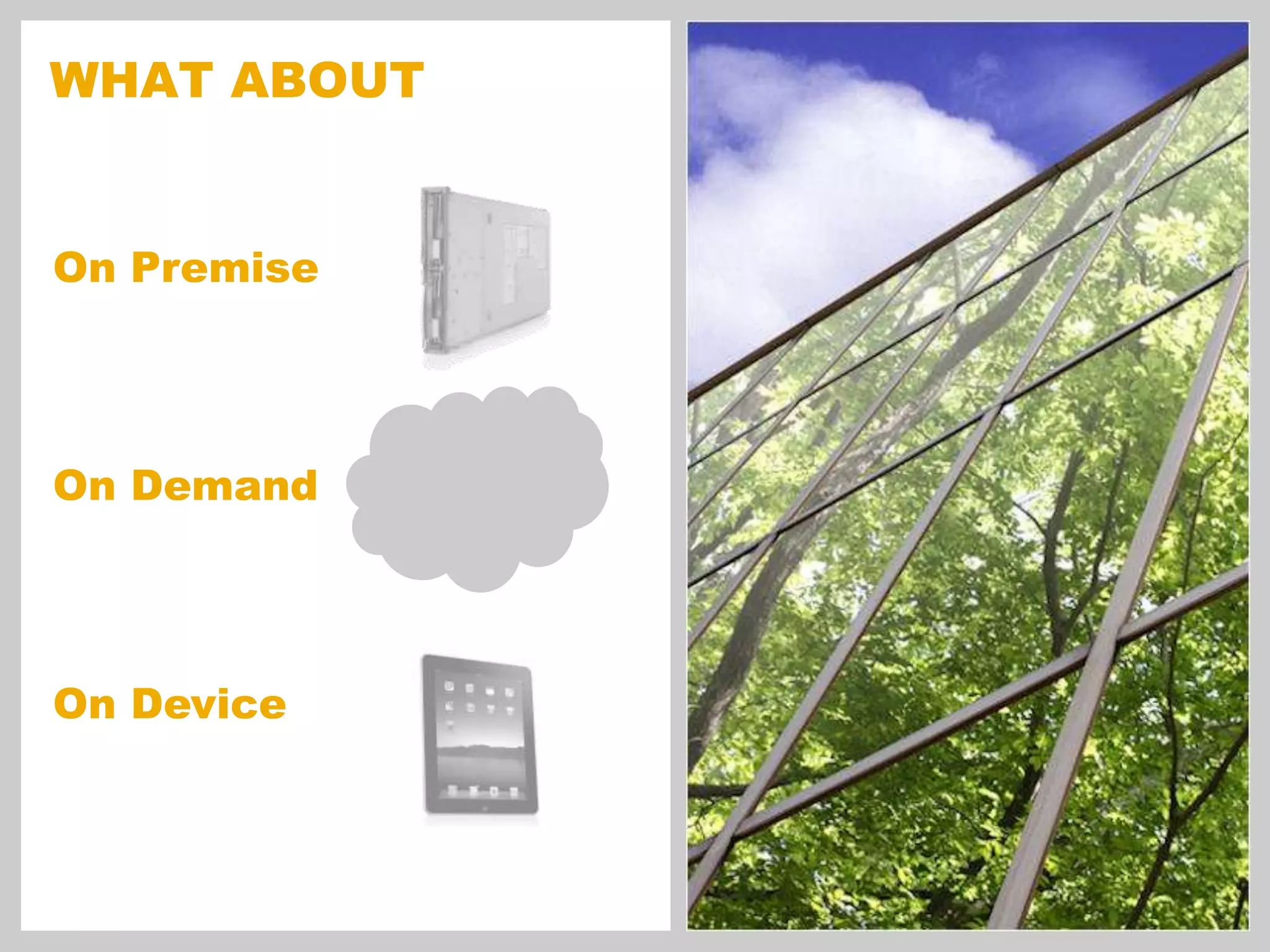 What aboutOn PremiseOn DemandOn Device
