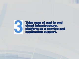 Take care of end to end
cloud infrastructure,
platform as a service and
application support.
 