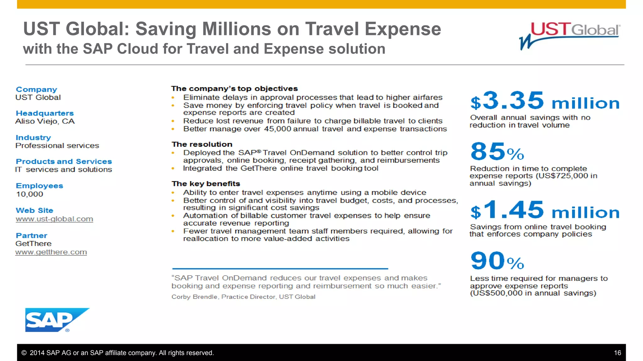 © 2014 SAP AG or an SAP affiliate company. All rights reserved. 16
UST Global: Saving Millions on Travel Expense
with the SAP Cloud for Travel and Expense solution
 