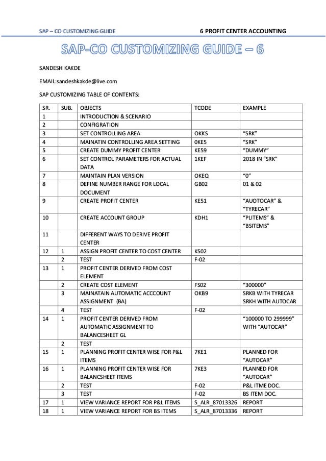 Sap co profit center accounting