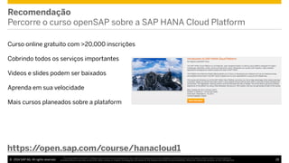Recomendação
Percorre o curso openSAP sobre a SAP HANA Cloud Platform
Curso online gratuito com >20,000 inscrições
Cobrind...