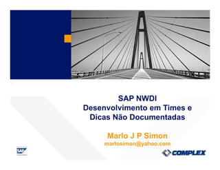 SAP NWDI
Desenvolvimento em Times e
 Dicas Não Documentadas

     Marlo J P Simon
     marlosimon@yahoo.com
 