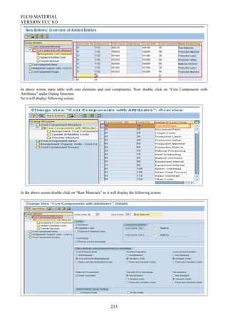 FI/CO MATERIAL
VERSION ECC 6.0
In above screen main table with cost elements and cost components. Now double click on “Cost Components with
Attributes” under Dialog Structure
So it will display following screen:
In the above screen double click on “Raw Materials” so it will display the following screen:
213
 