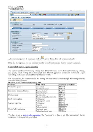 FI/CO MATERIAL
VERSION ECC 6.0
After maintaining above all parameters click on Active Button. So it will save automatically.
Note: like above process you can create any number of profit centers as per client or project requirement.
Scenario in General Ledger Accounting
The scenario combines Customizing settings from different business views. In these Customizing settings,
you specify which posting data is transferred from different application components in General Ledger
accounting, such as cost center update or profit center update.
For each scenario, the system transfers the posting data relevant for General Ledger Accounting from the
actual and plan documents.
Overview of the Scenarios Delivered by SAP
Scenario Fields Filled Technical Field Name
Cost center update Cost center
Sender cost center
RCNTR
SCNTR
Preparation for consolidation Trading partner
Transaction type
RASSC
RMVCT
Business area Business area
Trading partner business area
RBUSA
SBUSA
Profit center update Profit center
Partner profit center
PPRCTR
PRCTR
Segment reporting Profit center
Segment
Partner segment
PRCTR
PSEGMENT
SEGMENT
Cost of sales accounting Functional area
Partner functional area
RFAREA
SFAREA
You have to set up cost of sales accounting. The Functional Area field is not filled automatically by the
assignment of the scenario to your ledger.
23
 