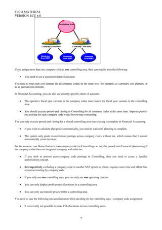 FI/CO MATERIAL
VERSION ECC 6.0
If you assign more than one company code to one controlling area, then you need to note the following:
• You need to use a consistent chart of accounts
You need to treat each cost element (in all company codes) in the same way (for example, as a primary cost element, or
as an accrual cost element).
In Financial Accounting, you can also use country-specific charts of accounts.
• The operative fiscal year variants in the company codes must match the fiscal year variants in the controlling
area.
• You should execute period-end closing in Controlling for all company codes at the same time. Separate period-
end closing for each company code would be too time-consuming.
You can only execute period-end closing for a shared controlling area once closing is complete in Financial Accounting.
• If you wish to calculate plan prices automatically, you need to wait until planning is complete.
• The system only posts reconciliation postings across company codes without tax, which means that it cannot
automatically create invoices.
For tax reasons, cost flows (that are cross-company code) in Controlling can only be passed onto Financial Accounting if
the company codes form an integrated company with sales tax.
• If you wish to prevent cross-company code postings in Controlling, then you need to create a detailed
authorization concept.
• Retrospectively excluding a company code in another SAP system or client, requires more time and effort than
in cost accounting by company code.
• If you only use one controlling area, you can only use one operating concern.
• You can only display profit center allocations in a controlling area.
• You can only use transfer prices within a controlling area.
You need to take the following into consideration when deciding on the controlling area – company code assignment:
• It is currently not possible to make CO allocations across controlling areas.
7
 