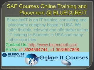 BluecubeIT is an IT training, consulting and
 placement company based in USA. We
 offer flexible, relevant and affordable online
 IT training to Students in USA and many
 other countries
Contact Us: http://www.bluecubeit.com
Ph No:+1 3034594744, +1 3034597808
 