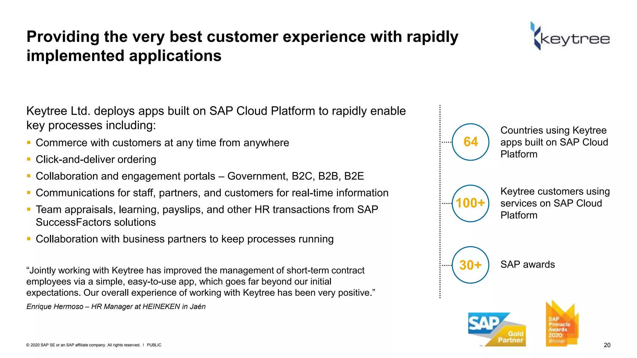 20PUBLIC© 2020 SAP SE or an SAP affiliate company. All rights reserved. ǀ
“Jointly working with Keytree has improved the management of short-term contract
employees via a simple, easy-to-use app, which goes far beyond our initial
expectations. Our overall experience of working with Keytree has been very positive.”
Enrique Hermoso – HR Manager at HEINEKEN in Jaén
Keytree Ltd. deploys apps built on SAP Cloud Platform to rapidly enable
key processes including:
 Commerce with customers at any time from anywhere
 Click-and-deliver ordering
 Collaboration and engagement portals – Government, B2C, B2B, B2E
 Communications for staff, partners, and customers for real-time information
 Team appraisals, learning, payslips, and other HR transactions from SAP
SuccessFactors solutions
 Collaboration with business partners to keep processes running
Providing the very best customer experience with rapidly
implemented applications
64
Countries using Keytree
apps built on SAP Cloud
Platform
100+
Keytree customers using
services on SAP Cloud
Platform
30+ SAP awards
 