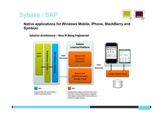 Sybase / SAP
 Native applications for Windows Mobile, iPhone, BlackBerry and
 Symbian
 
