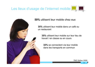 Les lieux d’usage de l’internet mobile

              59% utilisent leur mobile chez eux

                 35% utilisent l...