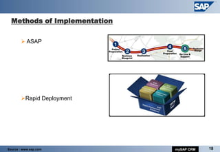 Methods of Implementation

        ASAP




       Rapid Deployment




Source : www.sap.com          mySAP CRM   18
 