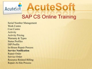 SAP CS Online Training
Serial Number Management
Work Centre
Cost Centre
Activity
Activity Pricing
Warranty & Types
Status Profiles
DIP Profile
In-House Repair Process
Service Notification
Repair Order
Service Order
Resource Related Billing
Repair-At-Site Process
 