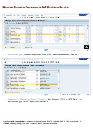 Standard Business Processes in SAP Customer Service
Configured & Compiled By: Subhrajyoti Bhattacharjee, PMP®, Certified SAP ® EAM, Certified ITIL®
E-Mail: subhrajyoti.b@gmail.com, Location: Perth, Western Australia
- Requirement Type – Standard Requirement Type “SERP” linked to Requirement Class 204
- Assignment of Requirement Type to Transaction: Item Category “IRRS” -> MRP Type “ “ ->
Requirement Type “SERP” Origin of Requirement “1”
 