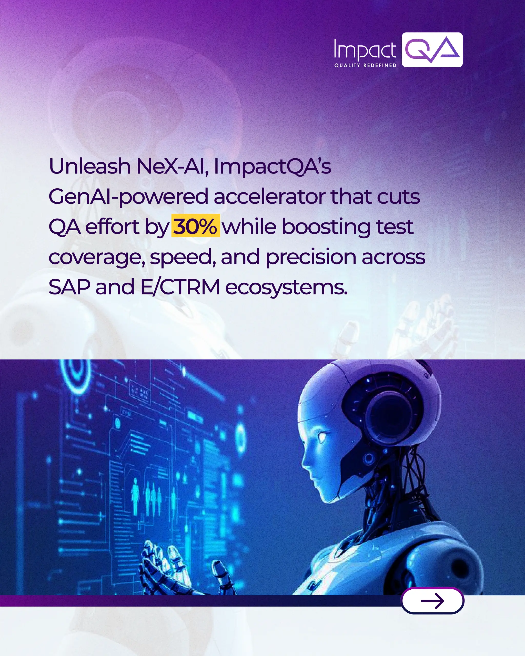 UnleashNeX-AI,ImpactQAโs
GenAI-poweredacceleratorthatcuts
QAeffortby30% whileboostingtest
coverage,speed,andprecisionacross
SAPandE/CTRMecosystems.