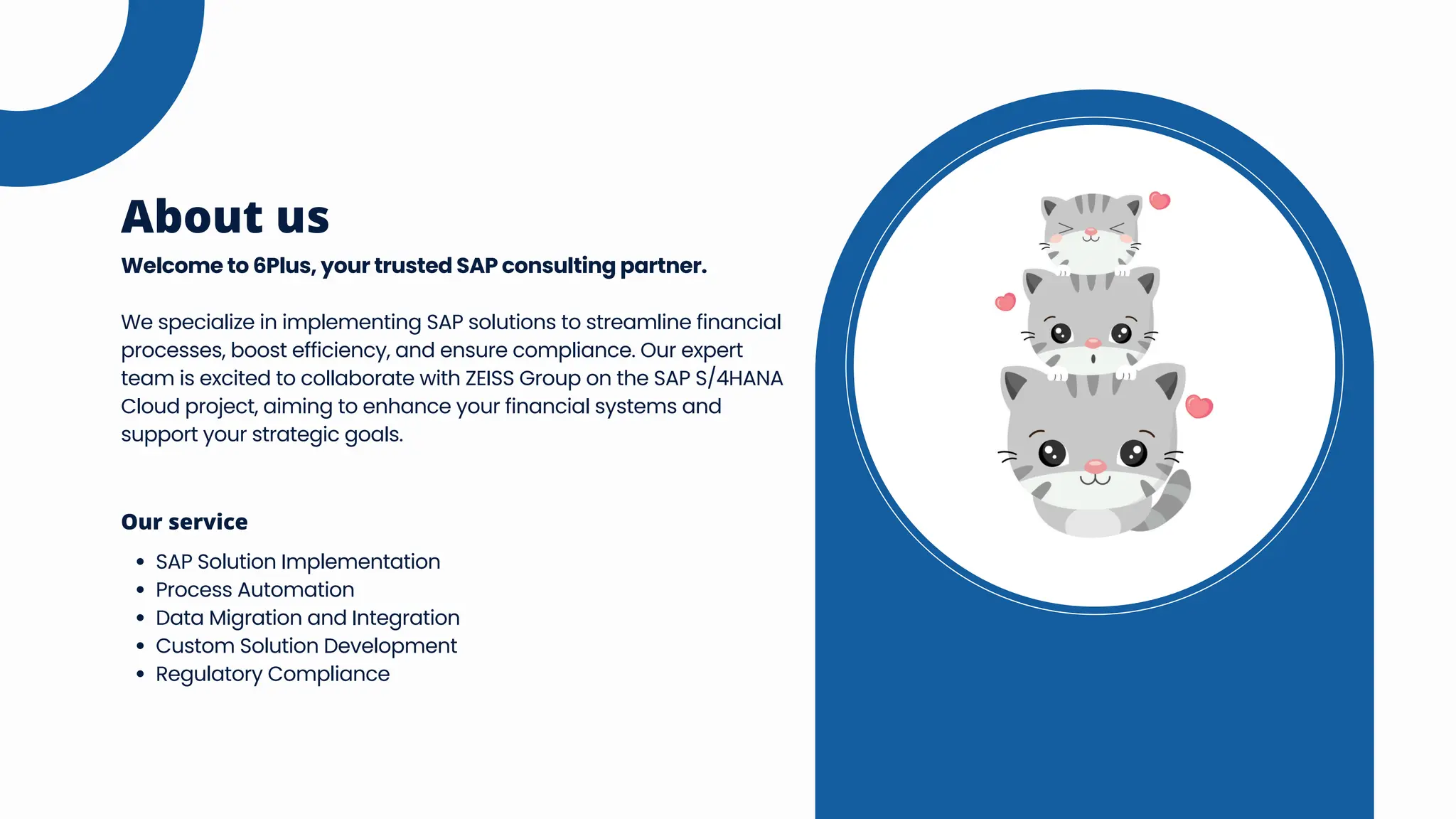Welcome to 6Plus, your trusted SAP consulting partner.
We specialize in implementing SAP solutions to streamline financial
processes, boost efficiency, and ensure compliance. Our expert
team is excited to collaborate with ZEISS Group on the SAP S/4HANA
Cloud project, aiming to enhance your financial systems and
support your strategic goals.
About us
SAP Solution Implementation
Process Automation
Data Migration and Integration
Custom Solution Development
Regulatory Compliance
Our service
 