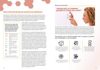 QUAIS TÉCNICAS DEVEM SER USADAS PELAS EMPRESAS?
Geralmente, os clientes têm uma ideia do que lhes é exigido, mas podem sempre precisar
de orientação para concluírem a transação. As informações são geralmente fornecidas por
um vendedor, mas os profissionais de marketing podem executar pacotes de campanhas
que disponibilizam aos clientes informações sobre o processo e incentivam a conclusão,
lembrando-lhes ao mesmo tempo a sensatez e benefícios da sua decisão.
Na lista que se segue, indi­
que como prefere pessoal­
mente comunicar com uma
empresa, quando pretende
obter informações sobre
seus produtos/serviços.
28% Mecanismos de busca on-line,
como Google, Bing, ou Yahoo
23% Sites de avaliação (como
Consumer Reports, Amazon,
Yelp, etc.)
16% Site da empresa (de produto/
serviço)
10% Novos sites com histórias
sobre o produto/serviço
9% Blogs sobre o tipo de
produto/serviço
4% Facebook – feed pessoal
3% Facebook – página para pro­
duto/serviço da empresa
1% Twitter
1% Não uso recursos on-line
para obter informações
sobre produtos/serviços
6% Outros
Fonte: Thomson Reuters, SAP IPSOS
Customer Journey Poll, Novembro de 2014
A fase Ação é o momento ideal para apresentar a
organização de atendimento ao cliente aos com­
pradores. Começar a experiência de propriedade de
forma positiva, mesmo antes da conclusão da tran­
sação, pode reforçar a decisão e criar condições para
um engajamento contínuo ao longo da fase Uso.
Uma compra bem-sucedida é frequentemente uma
questão de colaboração, por vezes entre equipes de
pessoas da sua empresa e das empresas dos seus
clientes. Ambos os lados trabalham em prol da etapa
seguinte, mas falhas de comunicação podem provocar
confusão e uma fraca experiência. Em longo prazo, os
clientes querem uma marca em quem possam confiar,
e a marca precisa de clientes com quem possa crescer.
É imperativo promover um ambiente de colaboração
no processo de compra. Use uma tecnologia de cola­
boração para estabelecer um local e um processo para
a comunicação. Seja proativo. Faça perguntas, suges­
tões e mantenha todos em sintonia.
A fase Ação é uma oportunidade para criar condições
para que os clientes defendam a sua marca e as suas
ofertas. A captura de informações sobre o motivo que
os levou a escolher a sua oferta, e quais os benefí­
cios que esperam obter, permitirá a você orientá-los
para fazerem comentários públicos positivos. Tam­
bém pode ajudá-lo a entender como deve ajustar as
ofertas da sua empresa, caso não esteja agregando
o valor esperado pelos clientes. A inclusão de um
debate ou questionário sobre este tópico, como parte
desta fase, criará um diálogo contínuo como base
para um engajamento futuro.
Momento de decisão:
“AGORA QUE JÁ COMPREI,
QUANDO E COMO VOU USAR?”
Ao concluírem a transação, os clientes perguntam-se como irão usar a sua compra.
A maioria das pessoas já passou pela experiência de comprar algo e depois não a usa­
rem como previsto ou não a usarem de todo. Esse é um fator importante na experi­
ência do cliente. Se a decisão de comprar trouxer fracos resultados, a percepção dos
clientes será de que a promessa da marca e o valor da solução não foram cumpridos.
Pior ainda, pode resultar na devolução do produto ou no cancelamento do serviço.
Para garantir que os clientes agregam valor, e preparar o caminho
para a fidelidade e a recomendação:
Execute campanhas de pós-vendas
para lembrar aos clientes as
características e benefícios da sua
compra, com instruções de uso,
quando apropriado.
Se possível, monitore o uso do
produto e faça recomendações
para potenciar o uso.
Após um período de
espera, realize uma
pesquisa de satisfação
de clientes.
Preste especial atenção
aos comentários nas
mídias sociais.
Conecte novos clientes com
clientes existentes que pos­
sam encorajar e ajudá-los,
e que possam promover
o uso ao longo do tempo.
23	24
 