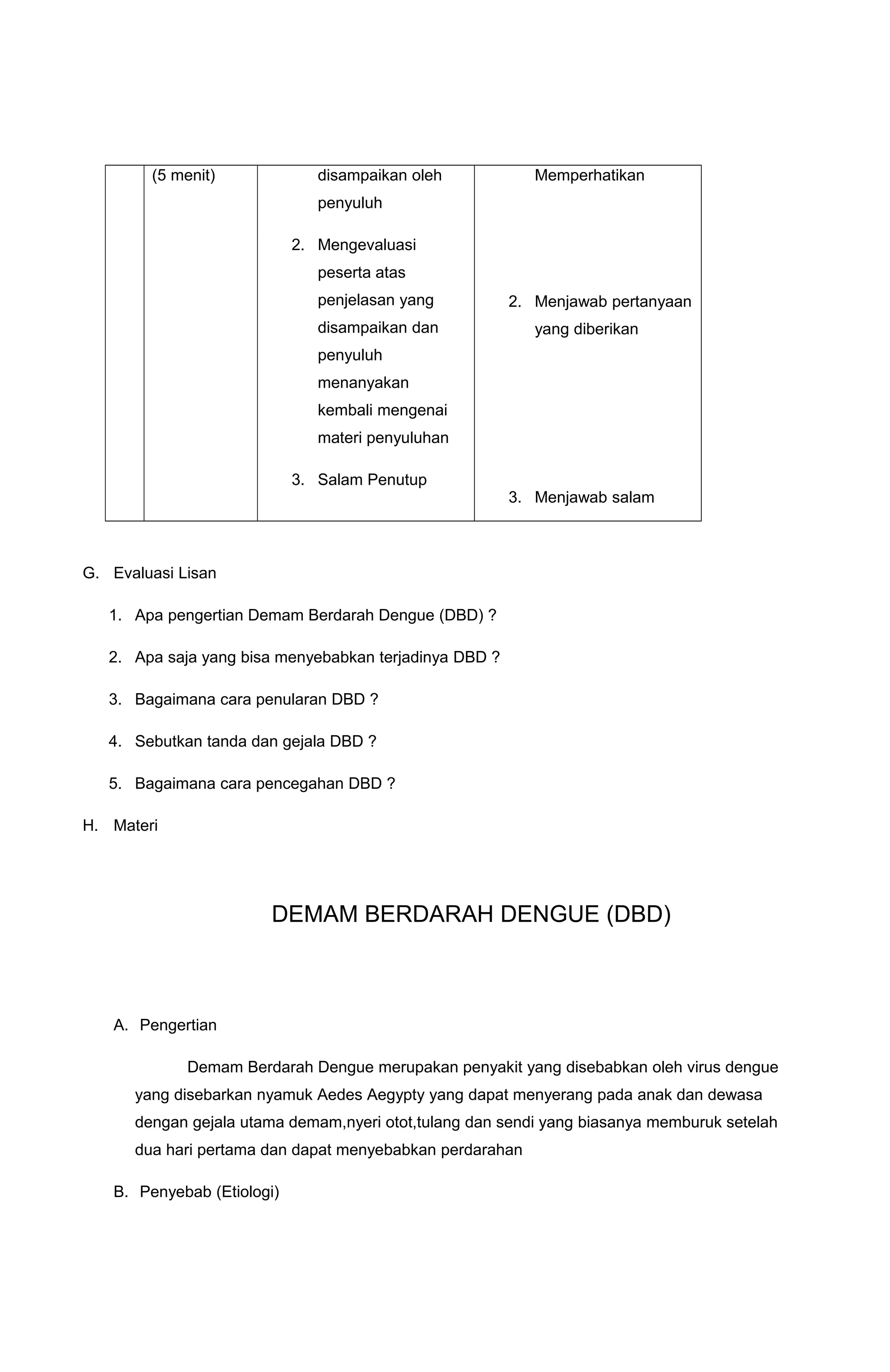 (5 menit) disampaikan oleh
penyuluh
2. Mengevaluasi
peserta atas
penjelasan yang
disampaikan dan
penyuluh
menanyakan
kembali mengenai
materi penyuluhan
3. Salam Penutup
Memperhatikan
2. Menjawab pertanyaan
yang diberikan
3. Menjawab salam
G. Evaluasi Lisan
1. Apa pengertian Demam Berdarah Dengue (DBD) ?
2. Apa saja yang bisa menyebabkan terjadinya DBD ?
3. Bagaimana cara penularan DBD ?
4. Sebutkan tanda dan gejala DBD ?
5. Bagaimana cara pencegahan DBD ?
H. Materi
DEMAM BERDARAH DENGUE (DBD)
A. Pengertian
Demam Berdarah Dengue merupakan penyakit yang disebabkan oleh virus dengue
yang disebarkan nyamuk Aedes Aegypty yang dapat menyerang pada anak dan dewasa
dengan gejala utama demam,nyeri otot,tulang dan sendi yang biasanya memburuk setelah
dua hari pertama dan dapat menyebabkan perdarahan
B. Penyebab (Etiologi)
 