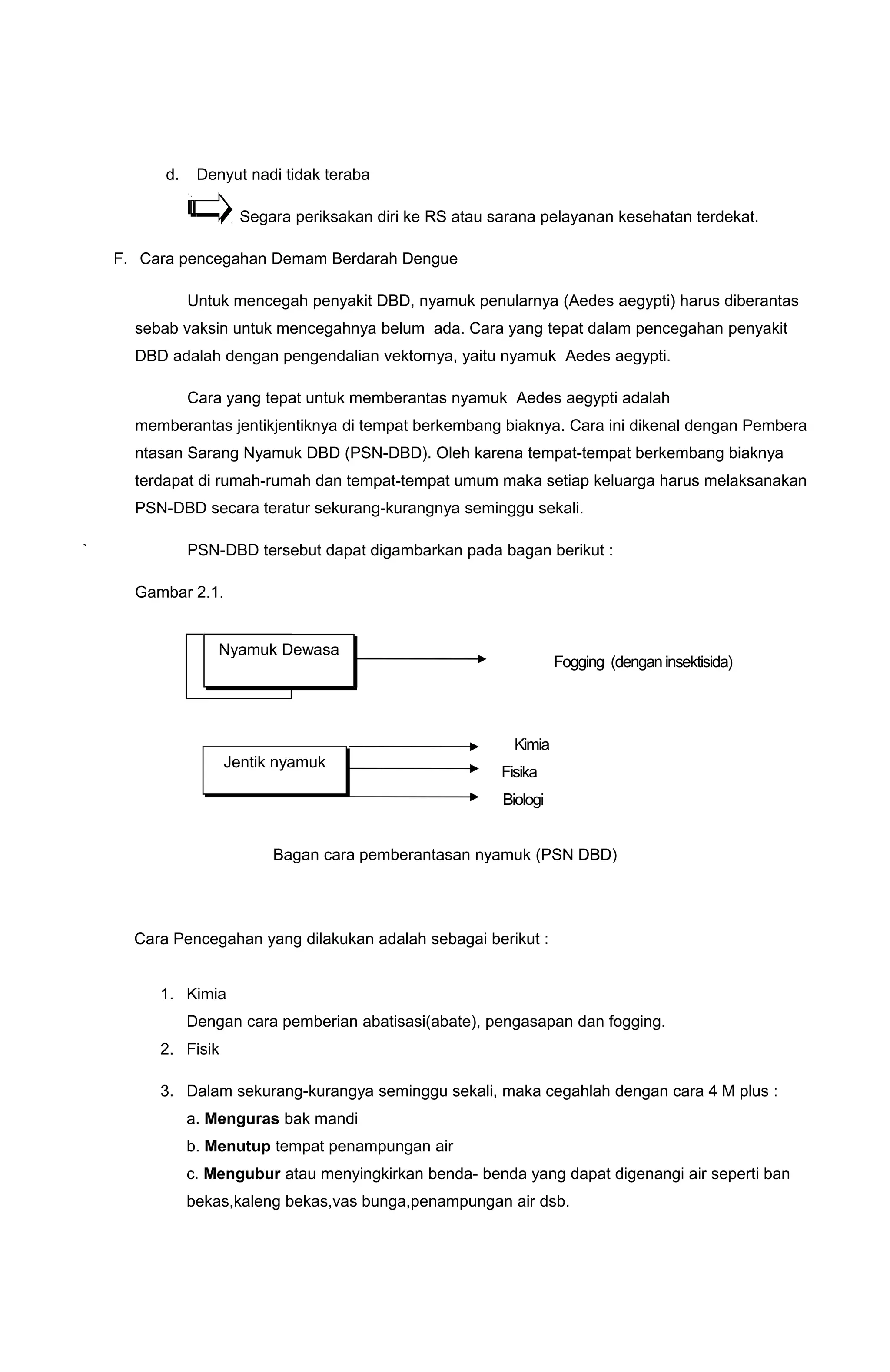 d. Denyut nadi tidak teraba
Segara periksakan diri ke RS atau sarana pelayanan kesehatan terdekat.
F. Cara pencegahan Demam Berdarah Dengue
Untuk mencegah penyakit DBD, nyamuk penularnya (Aedes aegypti) harus diberantas
sebab vaksin untuk mencegahnya belum ada. Cara yang tepat dalam pencegahan penyakit
DBD adalah dengan pengendalian vektornya, yaitu nyamuk Aedes aegypti.
Cara yang tepat untuk memberantas nyamuk Aedes aegypti adalah
memberantas jentikjentiknya di tempat berkembang biaknya. Cara ini dikenal dengan Pembera
ntasan Sarang Nyamuk DBD (PSN-DBD). Oleh karena tempat-tempat berkembang biaknya
terdapat di rumah-rumah dan tempat-tempat umum maka setiap keluarga harus melaksanakan
PSN-DBD secara teratur sekurang-kurangnya seminggu sekali.
` PSN-DBD tersebut dapat digambarkan pada bagan berikut :
Gambar 2.1.
Foggi Fogging (dengan insektisida)
Kimia
Fisika Fisika
Biologi
Bagan cara pemberantasan nyamuk (PSN DBD)
Cara Pencegahan yang dilakukan adalah sebagai berikut :
1. Kimia
Dengan cara pemberian abatisasi(abate), pengasapan dan fogging.
2. Fisik
3. Dalam sekurang-kurangya seminggu sekali, maka cegahlah dengan cara 4 M plus :
a. Menguras bak mandi
b. Menutup tempat penampungan air
c. Mengubur atau menyingkirkan benda- benda yang dapat digenangi air seperti ban
bekas,kaleng bekas,vas bunga,penampungan air dsb.
Nyamuk Dewasa
Jentik nyamuk
 