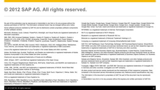 © 2012 SAP AG. All rights reserved.

No part of this publication may be reproduced or transmitted in any form or for any purpose without the         Google App Engine, Google Apps, Google Checkout, Google Data API, Google Maps, Google Mobile Ads,
express permission of SAP AG. The information contained herein may be changed without prior notice.             Google Mobile Updater, Google Mobile, Google Store, Google Sync, Google Updater, Google Voice,
                                                                                                                Google Mail, Gmail, YouTube, Dalvik and Android are trademarks or registered trademarks of Google Inc.
Some software products marketed by SAP AG and its distributors contain proprietary software components
of other software vendors.                                                                                      INTERMEC is a registered trademark of Intermec Technologies Corporation.
Microsoft, Windows, Excel, Outlook, PowerPoint, Silverlight, and Visual Studio are registered trademarks of     Wi-Fi is a registered trademark of Wi-Fi Alliance.
Microsoft Corporation.
                                                                                                                Bluetooth is a registered trademark of Bluetooth SIG Inc.
IBM, DB2, DB2 Universal Database, System i, System i5, System p, System p5, System x, System z,
                                                                                                                Motorola is a registered trademark of Motorola Trademark Holdings LLC.
System z10, z10, z/VM, z/OS, OS/390, zEnterprise, PowerVM, Power Architecture, Power Systems,
POWER7, POWER6+, POWER6, POWER, PowerHA, pureScale, PowerPC, BladeCenter, System Storage,                       Computop is a registered trademark of Computop Wirtschaftsinformatik GmbH.
Storwize,
                                                                                                                SAP, R/3, SAP NetWeaver, Duet, PartnerEdge, ByDesign, SAP BusinessObjects Explorer, StreamWork,
XIV, GPFS, HACMP, RETAIN, DB2 Connect, RACF, Redbooks, OS/2, AIX, Intelligent Miner, WebSphere,
Tivoli, Informix, and Smarter Planet are trademarks or registered trademarks of IBM Corporation.                SAP HANA, and other SAP products and services mentioned herein as well as their respective logos are
                                                                                                                trademarks or registered trademarks of SAP AG in Germany and other countries.
Linux is the registered trademark of Linus Torvalds in the United States and other countries.
                                                                                                                Business Objects and the Business Objects logo, BusinessObjects, Crystal Reports, Crystal Decisions,
Adobe, the Adobe logo, Acrobat, PostScript, and Reader are trademarks or registered trademarks of Adobe         Web Intelligence, Xcelsius, and other Business Objects products and services mentioned herein as well as
Systems Incorporated in the United States and other countries.                                                  their respective logos are trademarks or registered trademarks of Business Objects Software Ltd. Business
                                                                                                                Objects is an SAP company.
Oracle and Java are registered trademarks of Oracle and its affiliates.
                                                                                                                Sybase and Adaptive Server, iAnywhere, Sybase 365, SQL Anywhere, and other Sybase products and
UNIX, X/Open, OSF/1, and Motif are registered trademarks of the Open Group.
                                                                                                                services mentioned herein as well as their respective logos are trademarks or registered trademarks of
Citrix, ICA, Program Neighborhood, MetaFrame, WinFrame, VideoFrame, and MultiWin are trademarks or              Sybase Inc. Sybase is an SAP company.
registered trademarks of Citrix Systems Inc.
                                                                                                                Crossgate, m@gic EDDY, B2B 360°, and B2B 360° Services are registered trademarks of Crossgate AG
HTML, XML, XHTML, and W3C are trademarks or registered trademarks of W3C®, World Wide Web                       in Germany and other countries. Crossgate is an SAP company.
Consortium, Massachusetts Institute of Technology.
                                                                                                                All other product and service names mentioned are the trademarks of their respective companies. Data
Apple, App Store, iBooks, iPad, iPhone, iPhoto, iPod, iTunes, Multi-Touch, Objective-C, Retina, Safari, Siri,   contained in this document serves informational purposes only. National product specifications may vary.
and Xcode are trademarks or registered trademarks of Apple Inc.
                                                                                                                The information in this document is proprietary to SAP. No part of this document may be reproduced,
IOS is a registered trademark of Cisco Systems Inc.                                                             copied,
                                                                                                                or transmitted in any form or for any purpose without the express prior written permission of SAP AG.
RIM, BlackBerry, BBM, BlackBerry Curve, BlackBerry Bold, BlackBerry Pearl, BlackBerry Torch, BlackBerry
Storm, BlackBerry Storm2, BlackBerry PlayBook, and BlackBerry App World are trademarks or registered
trademarks of Research in Motion Limited.

 ©  2012 SAP AG. All rights reserved.                                                                                                                                                                                    20
 