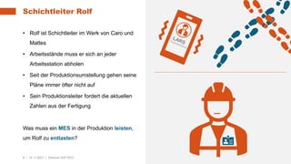 6 | 16.11.2021 | Webinar SAP REO
• Rolf ist Schichtleiter im Werk von Caro und
Mattes
• Arbeitsstände muss er sich an jeder
Arbeitsstation abholen
• Seit der Produktionsumstellung gehen seine
Pläne immer öfter nicht auf
• Sein Produktionsleiter fordert die aktuellen
Zahlen aus der Fertigung
Was muss ein MES in der Produktion leisten,
um Rolf zu entlasten?
Schichtleiter Rolf
 