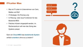 7 | 16.11.2021 | Webinar SAP REO
IT-Leiter Max
• Max ist IT-Leiter im Unternehmen von Caro,
Mattes und Rolf
• IT-Strategie: On-Premise only
• In Planung: viele neue Funktionen für das
Bestands-MES
• Patches müssen eingespielt werden, im
Rechenzentrum will man das Sizing des
Systems wissen
Kann ein Cloud-MES das bestehende System
einfach erweitern ohne es zu ändern?
 