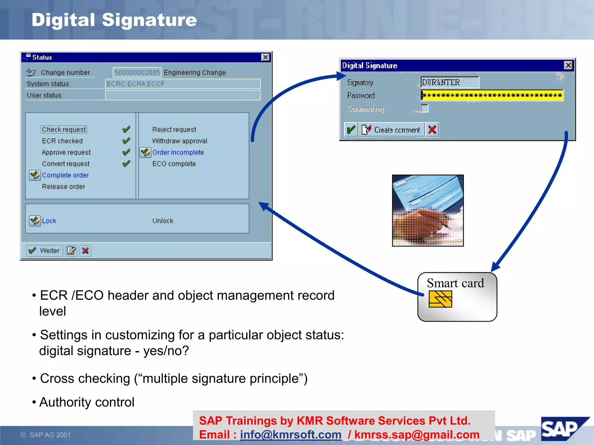  SAP AG 2001
• ECR /ECO header and object management record
level
• Settings in customizing for a particular object status:
digital signature - yes/no?
• Cross checking (“multiple signature principle”)
• Authority control
Digital Signature
Smart card
SAP Trainings by KMR Software Services Pvt Ltd.
Email : info@kmrsoft.com / kmrss.sap@gmail.com
 