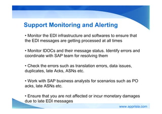 www.apprisia.com
Support Monitoring and Alerting
• Monitor the EDI infrastructure and softwares to ensure that
the EDI messages are getting processed at all times
• Monitor IDOCs and their message status. Identify errors and
coordinate with SAP team for resolving them
• Check the errors such as translation errors, data issues,
duplicates, late Acks, ASNs etc.
• Work with SAP business analysts for scenarios such as PO
acks, late ASNs etc.
• Ensure that you are not affected or incur monetary damages
due to late EDI messages
 