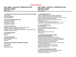 Technical Modules
SAP BASIS – SECURITY ADMINISTRATION
DURATION: 55 DAYS
FEE: PKR 1,25,000/=
Expert Level
1. INTRODUCTION TO ERP & Introduction to SAP R/3 ARCHITECTURE
Central System
Distributed Presentation
2-Tier Configuration
3. SYSTEM LANDSCAPE AND FLOW
Single System Landscape
Two System Landscape
Three System Landscape
Multi System Landscape
4. INSTALLATION OF SAP
Installation Concepts on Windows & UNIX and Quick Sizing
Naming Convention, Software Kit, SAP Licensing
Installation Procedure – Windows Application Server for UNIX SAP System
R/3 Directory Structure, Kernel
5. GUI ADMINISTRATOR
Optimization
Security
6. OPERATION MODES
Manual Switching of OP Modes
Exceptional Mode
Monitoring
7. PROFILE MAINTENANCE & PARAMETER SETTING
System Profile
Transport Profile
Client Profile
Authorization Profile
SAP BASIS – SECURITY ADMINISTRATION
DURATION: 55 DAYS
FEE: PKR 1,25,000/=
Expert Level
8. USER ADMINISTRATION
Creating and Maintaining Master Records, Architecture
Logon and Password Security, Protecting Special Users
Creating and Maintaining Single and Mass Users and User Groups
Copying, Deleting, Locking/Unlocking Users
Explanation of Terms Object Class, Authorization Object,
Authorization, Profile
Create/Maintaining Authorization/Profile Manually
Create/Maintaining Roles/Generating Profiles by using PFCG
9. CLIENT ADMINISTRATION
Client Maintenance
Copying Client within R/3 System (Local)
Copying client between R/3 Systems (Remote)
Export/Import
Protecting Client
Monitoring and Verifying a Client Copy
Deleting Client
10. TRANSPORT MANAGEMENT SYSTEM
TMS Terminology and Concepts
Configuring TMS and Checking Transport Directory
Configuring Transport Domain, Domain Controller and Group
Configuring Virtual SAP System and Displaying Configuration
Including SAP systems in the Transport Domain
Creating Consolidation and Delivery Routes
Maintaining SAP Systems without Common Transport Directory
Configuring External Systems
Locking and Unlocking TMS for a SAP System
Deleting SAP System from the Transport Domain
Deleting TMS Configuration
11. CHANGE AND TRANSPORT SYSTEM
Releasing and Transporting Change Request and Tasks
Customizing, Workbench, Transport Organizer
Importing Change Requests
 
