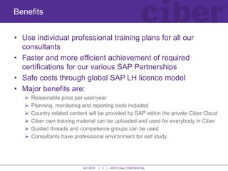 6/21/2016 | 5 | ©2015 Ciber CONFIDENTIAL
• Use individual professional training plans for all our
consultants
• Faster and more efficient achievement of required
certifications for our various SAP Partnerships
• Safe costs through global SAP LH licence model
• Major benefits are:
 Reasonable price per user/year
 Planning, monitoring and reporting tools included
 Country related content will be provided by SAP within the private Ciber Cloud
 Ciber own training material can be uploaded and used for everybody in Ciber
 Guided threads and competence groups can be used
 Consultants have professional environment for self study
Benefits
 