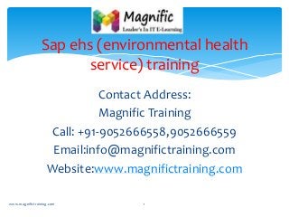 Contact Address:
Magnific Training
Call: +91-9052666558,9052666559
Email:info@magnifictraining.com
Website:www.magnifictraining.com
Sap ehs (environmental health
service) training
1www.magnifictraining.com
 