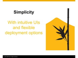 Simplicity

      With intuitive UIs
         and flexible
     deployment options




©   2012 SAP AG. All rights reserved.   11
 