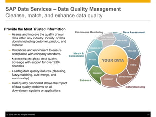 SAP Data Services – Data Quality Management
Cleanse, match, and enhance data quality

Provide the Most Trusted Information
     – Assess and improve the quality of your
       data within any industry, locality, or data
       domain including customer, product, and
       material
     – Validations and enrichment to ensure
       compliance with company standards
     – Most complete global data quality
       coverage with support for over 230+
       countries
     – Leading data quality features (cleansing,
       fuzzy matching, auto-merge, and
       survivorship)
     – Data quality dashboard shows the impact
       of data quality problems on all
       downstream systems or applications




 ©   2012 SAP AG. All rights reserved.               27
 