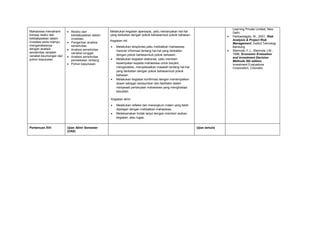 Mahasiswa memahami
konsep resiko dan
ketidakpastian dalam
investasi serta mampu
menganalisisnya
dengan analisis
sensitivitas variabel-
variabel keuntungan dan
pohon keputusan.
 Resiko dan
ketidakpastian dalam
investasi.
 Pengertian analisis
sensitivitas.
 Analisis sensitivitas
variabel tunggal.
 Analisis sensitivitas
pendekatan rentang.
 Pohon keputusan.
Melakukan kegiatan apersepsi, yaitu menanyakan hal-hal
yang berkaitan dengan pokok bahasan/sub pokok bahasan.
Kegiatan inti:
 Melakukan eksplorasi,yaitu melibatkan mahasiswa
mencari informasi tentang hal-hal yang berkaitan
dengan pokok bahasan/sub pokok bahasan..
 Melakukan kegiatan elaborasi, yaitu memberi
kesempatan kepada mahasiswa untuk berpikir,
menganalisis, menyelesaikan masalah tentang hal-hal
yang berkaitan dengan pokok bahasan/sub pokok
bahasan.
 Melakukan kegiatan konfirmasi dengan menempatkan
dosen sebagai narasumber dan fasilitator dalam
menjawab pertanyaan mahasiswa yang menghadapi
kesulitan.
Kegiatan akhir:
 Melakukan refleksi dan merangkum materi yang telah
dipelajari dengan melibatkan mahasiswa.
 Melaksanakan tindak lanjut dengan memberi arahan,
kegiatan, atau tugas.
Learning Private Limited, New
Delhi.
 Partowidagdo, W., 2001, Risk
Analysis & Project Risk
Management, Institut Teknologi
Bandung.
 Stermole, F.J., Stermole J.M.,
1996, Economic Evaluation
and Investment Decision
Methods 9th edition,
Investment Evaluations
Corporation, Colorado.
Pertemuan XVI: Ujian Akhir Semester
(UAS)
Ujian tertulis
 