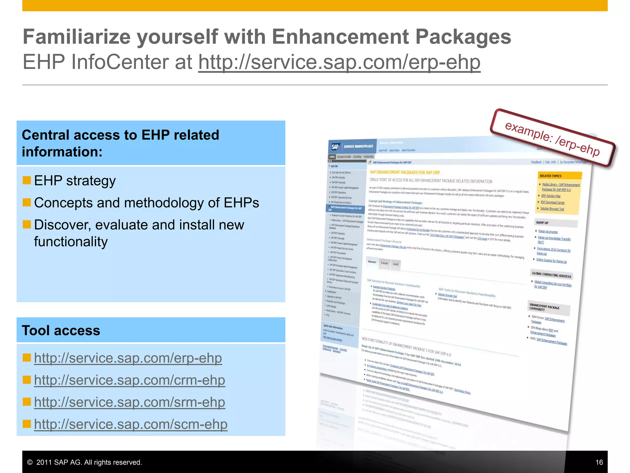 © 2011 SAP AG. All rights reserved. 16
Familiarize yourself with Enhancement Packages
EHP InfoCenter at http://service.sap.com/erp-ehp
EHP strategy
Concepts and methodology of EHPs
Discover, evaluate and install new
functionality
Central access to EHP related
information:
http://service.sap.com/erp-ehp
http://service.sap.com/crm-ehp
http://service.sap.com/srm-ehp
http://service.sap.com/scm-ehp
Tool access
 