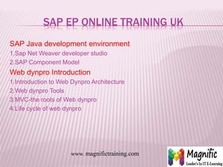 SAP EP ONLINE TRAINING UK
SAP Java development environment
1.Sap Net Weaver developer studio
2.SAP Component Model
Web dynpro Introduction
1.Introduction to Web Dynpro Architecture
2.Web dynpro Tools
3.MVC-the roots of Web dynpro
4.Life cycle of web dynpro
www. magnifictraining.com
 