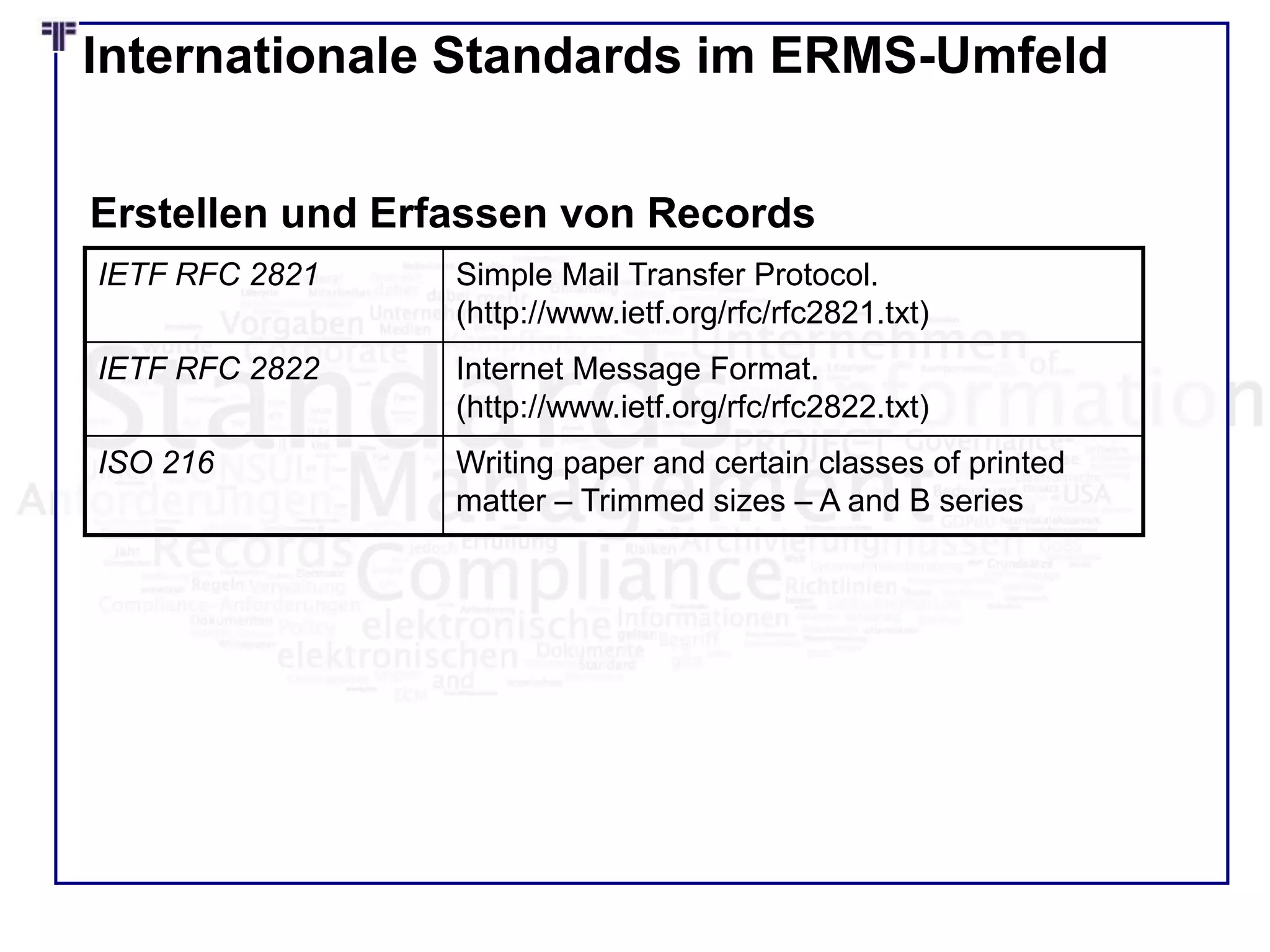 Internationale Standards im ERMS-Umfeld
IETF RFC 2821 Simple Mail Transfer Protocol.
(http://www.ietf.org/rfc/rfc2821.txt)
IETF RFC 2822 Internet Message Format.
(http://www.ietf.org/rfc/rfc2822.txt)
ISO 216 Writing paper and certain classes of printed
matter – Trimmed sizes – A and B series
Erstellen und Erfassen von Records
 