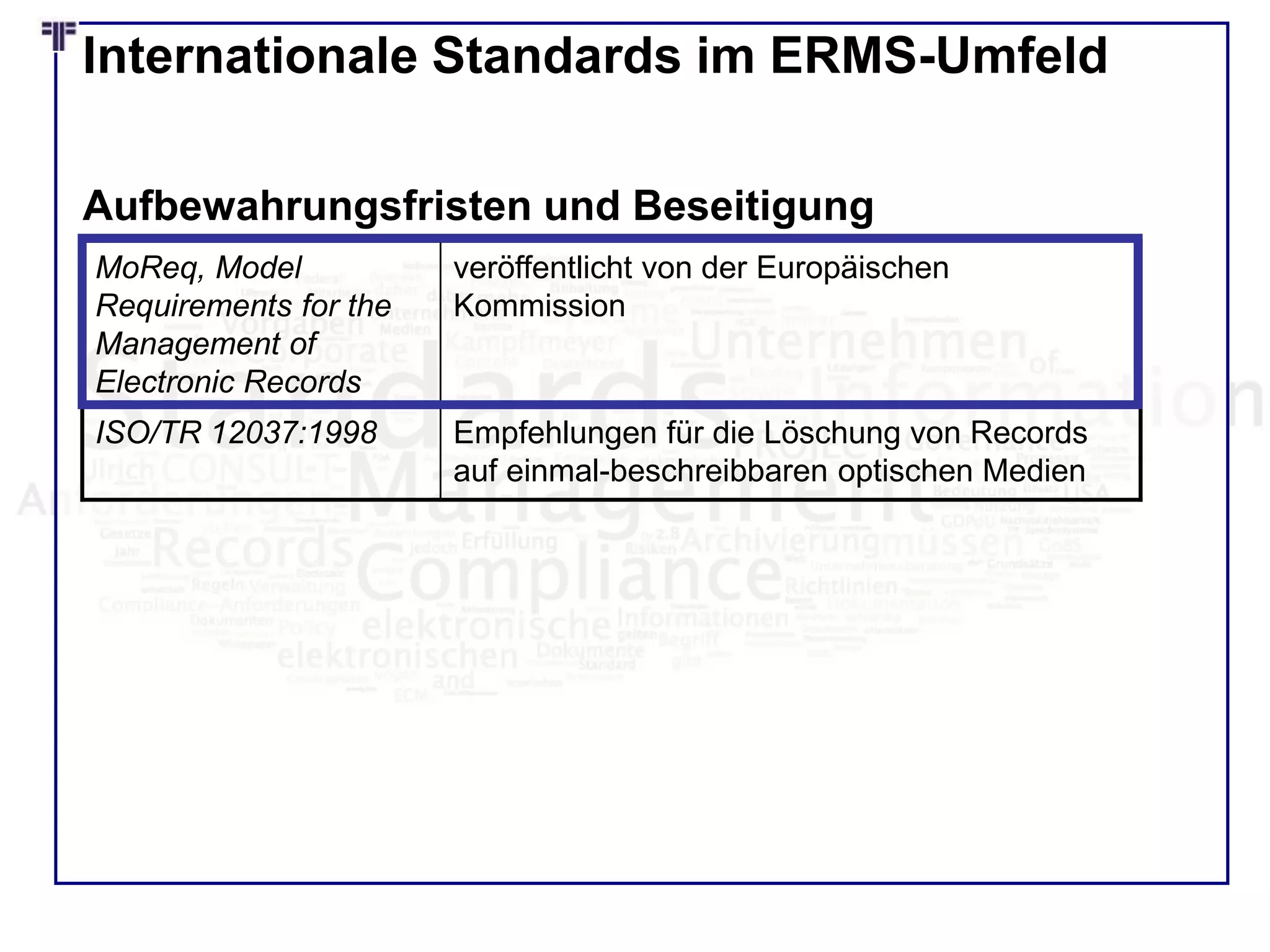 Internationale Standards im ERMS-Umfeld
MoReq, Model
Requirements for the
Management of
Electronic Records
veröffentlicht von der Europäischen
Kommission
ISO/TR 12037:1998 Empfehlungen für die Löschung von Records
auf einmal-beschreibbaren optischen Medien
Aufbewahrungsfristen und Beseitigung
 