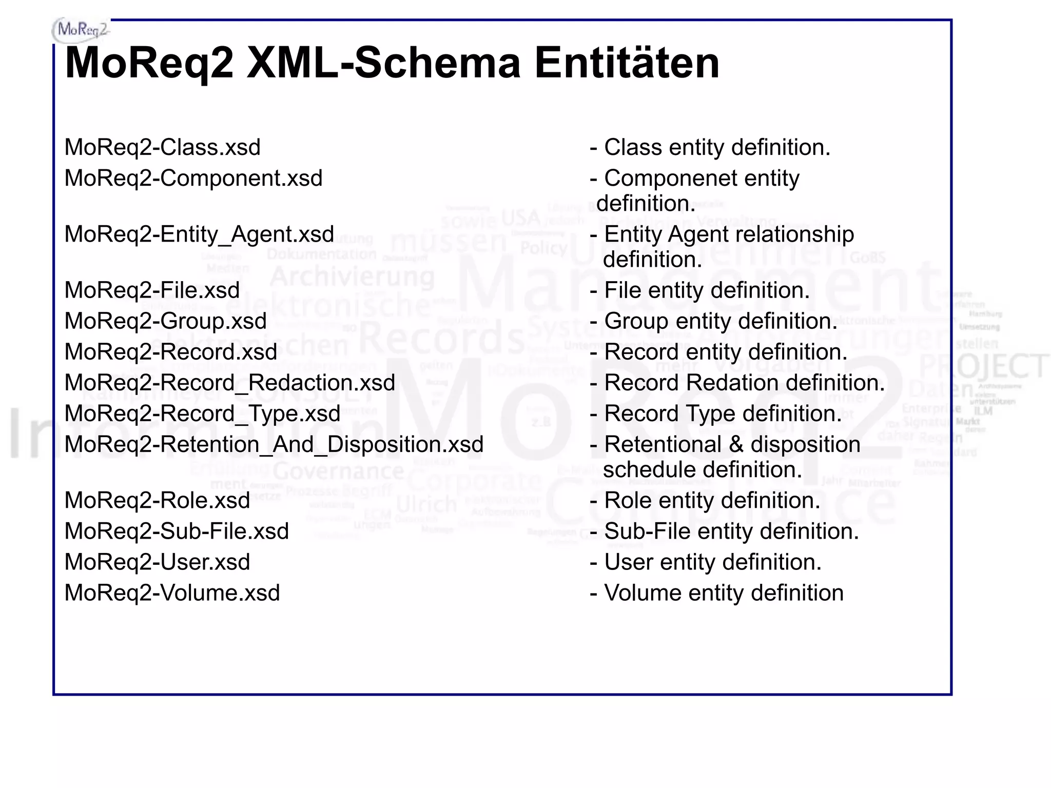 MoReq2 XML-Schema Entitäten
MoReq2-Class.xsd - Class entity definition.
MoReq2-Component.xsd - Componenet entity
definition.
MoReq2-Entity_Agent.xsd - Entity Agent relationship
definition.
MoReq2-File.xsd - File entity definition.
MoReq2-Group.xsd - Group entity definition.
MoReq2-Record.xsd - Record entity definition.
MoReq2-Record_Redaction.xsd - Record Redation definition.
MoReq2-Record_Type.xsd - Record Type definition.
MoReq2-Retention_And_Disposition.xsd - Retentional & disposition
schedule definition.
MoReq2-Role.xsd - Role entity definition.
MoReq2-Sub-File.xsd - Sub-File entity definition.
MoReq2-User.xsd - User entity definition.
MoReq2-Volume.xsd - Volume entity definition
 