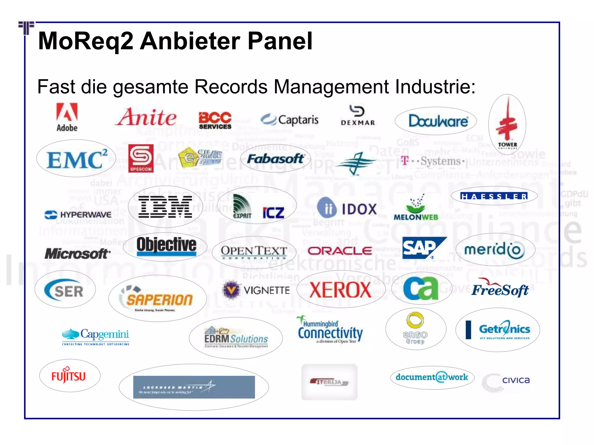 MoReq2 Anbieter Panel
Fast die gesamte Records Management Industrie:
 