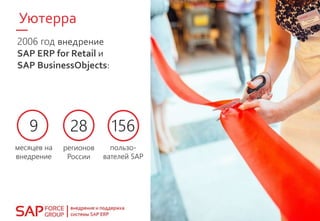 Уютерра
2006 год внедрение
SAP ERP for Retail и
SAP BusinessObjects:
9
месяцев на
внедрение
28
регионов
России
156
пользо-
вателей SAP
 