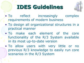 IDES Guidelines To reflect increasingly  complex requirements of modern business  To design  all organizational structures in a practical manner To make each element of the core functionality of the R/3 System available in its most up-to-date version To allow users with very little or no previous R/3 knowledge to easily run core scenarios in the R/3 System 