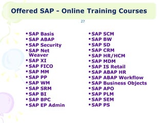 SAP Basis SAP ABAP SAP Security SAP Net Weaver SAP XI SAP FICO SAP MM SAP PP SAP WM SAP SRM SAP BI SAP BPC SAP EP Admin SAP SCM SAP BW SAP SD SAP CRM SAP HR/HCM SAP MDM SAP IS Retail SAP ABAP HR SAP ABAP Workflow SAP Business Objects SAP APO SAP PLM SAP SEM SAP PS 