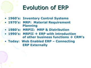 Evolution of ERP 1960’s:  Inventory Control Systems 1970’s:  MRP:  Material Requirement   Planning  1980’s:  MRPII:  MRP & Distribution 1990’s:  MRPII    ERP with introduction   of other business functions    CRM’s Today:  Web Enabled ERP – Connecting   ERP Externally   