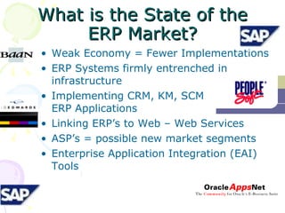 What is the State of the ERP Market? Weak Economy = Fewer Implementations  ERP Systems firmly entrenched in infrastructure Implementing CRM, KM, SCM  ERP Applications Linking ERP’s to Web – Web Services  ASP’s = possible new market segments  Enterprise Application Integration (EAI) Tools 