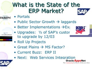 What is the State of the ERP Market? Portals Public Sector Growth    laggards Better Implementations   Experience Upgrades:  ½ of SAP’s customers need to upgrade by 12/03 Roll Up Projects Great Plains    MS Factor? Current Buzz:  ERP II Next:  Web Services Integration 