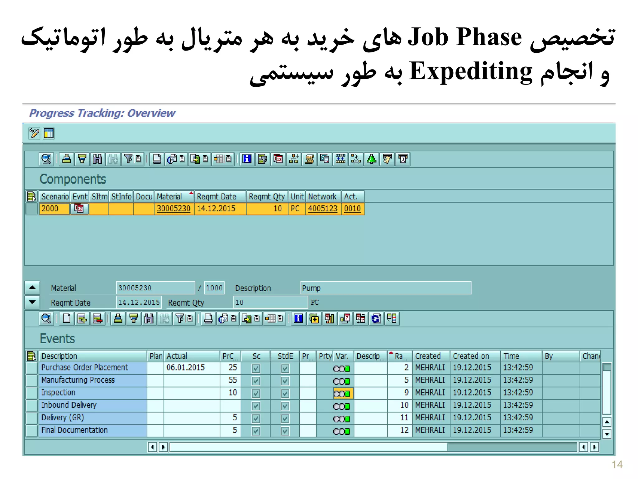 ‫تخصیص‬Job Phase‫اتوماتیک‬ ‫طور‬ ‫به‬ ‫متریال‬ ‫هر‬ ‫به‬ ‫خرید‬ ‫های‬
‫انجام‬ ‫و‬Expediting‫سیستمی‬ ‫طور‬ ‫به‬
14
 