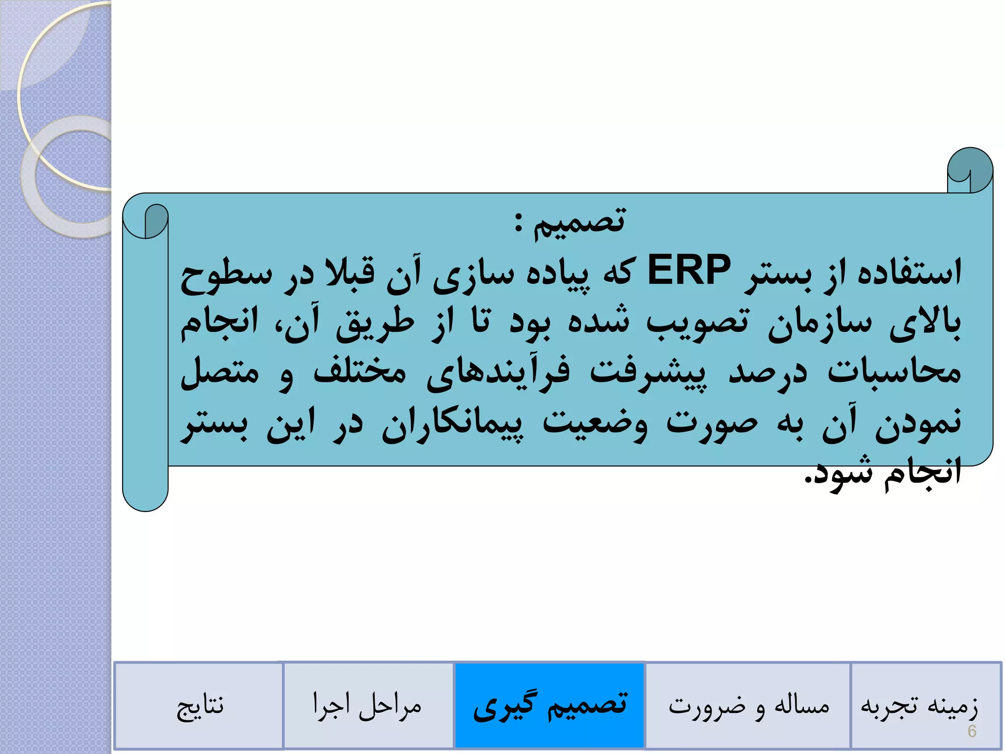 ‫تصمیم‬:
‫استفاده‬‫از‬‫بستر‬ERP‫که‬‫پیاده‬‫سازی‬‫آن‬‫قبال‬‫در‬‫سطوح‬
‫باالی‬‫سازمان‬‫تصویب‬‫شده‬‫بود‬‫تا‬‫از‬‫طریق‬،‫آن‬‫انج‬‫ام‬
‫محاسبات‬‫درصد‬‫پیشرفت‬‫فرآیندهای‬‫مختلف‬‫و‬‫مت‬‫صل‬
‫نمودن‬‫آن‬‫به‬‫صورت‬‫وضعیت‬‫پیمانکاران‬‫در‬‫این‬‫بس‬‫تر‬
‫انجام‬‫شود‬.
‫تجربه‬ ‫زمینه‬‫ضرورت‬ ‫و‬ ‫مساله‬‫گی‬ ‫تصمیم‬‫ری‬‫اجرا‬ ‫مراحل‬‫نتایج‬
6
 