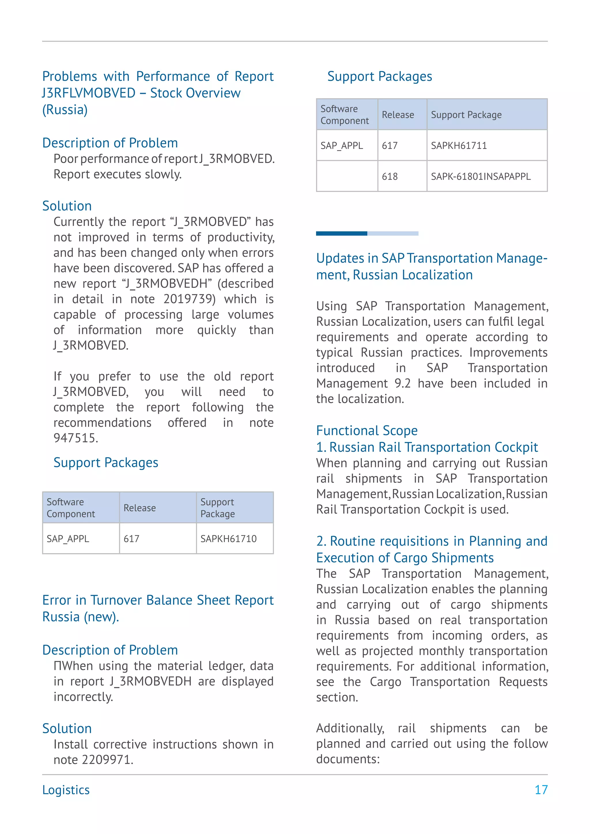 17
Updates in SAPTransportation Manage-
ment, Russian Localization
Using SAP Transportation Management,
Russian Localization, users can fulfil legal
requirements and operate according to
typical Russian practices. Improvements
introduced in SAP Transportation
Management 9.2 have been included in
the localization.
Functional Scope
1. Russian Rail Transportation Cockpit
When planning and carrying out Russian
rail shipments in SAP Transportation
Management,RussianLocalization,Russian
Rail Transportation Cockpit is used.
2. Routine requisitions in Planning and
Execution of Cargo Shipments
The SAP Transportation Management,
Russian Localization enables the planning
and carrying out of cargo shipments
in Russia based on real transportation
requirements from incoming orders, as
well as projected monthly transportation
requirements. For additional information,
see the Cargo Transportation Requests
section.
Additionally, rail shipments can be
planned and carried out using the follow
documents:
Logistics
Problems with Performance of Report
J3RFLVMOBVED – Stock Overview
(Russia)
Description of Problem
PoorperformanceofreportJ_3RMOBVED.
Report executes slowly.
Solution
Currently the report “J_3RMOBVED” has
not improved in terms of productivity,
and has been changed only when errors
have been discovered. SAP has offered a
new report “J_3RMOBVEDH” (described
in detail in note 2019739) which is
capable of processing large volumes
of information more quickly than
J_3RMOBVED.
If you prefer to use the old report
J_3RMOBVED, you will need to
complete the report following the
recommendations offered in note
947515.
Support Packages
Software
Component
Release
Support
Package
SAP_APPL 617 SAPKH61710
Error in Turnover Balance Sheet Report
Russia (new).
Description of Problem
ПWhen using the material ledger, data
in report J_3RMOBVEDH are displayed
incorrectly.
Solution
Install corrective instructions shown in
note 2209971.
Support Packages
Software
Component
Release Support Package
SAP_APPL 617 SAPKH61711
618 SAPK-61801INSAPAPPL
 